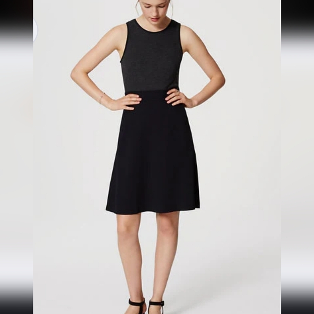 Ann Taylor LOFT Gray Back Zip Mixed Media Flare Dress Size 12 Petite